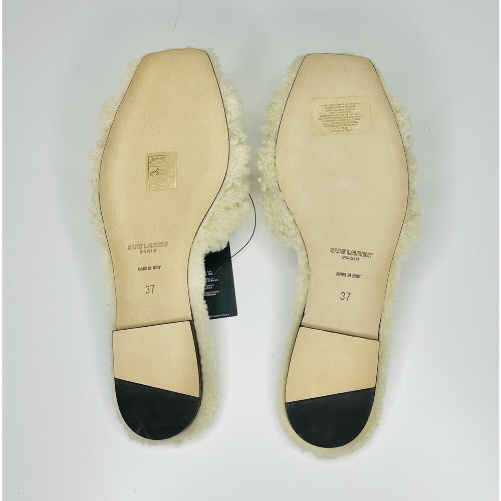 NIB Saint Laurent YSL Tribute EU 37 US 7 Slip On Flat Sandals Beige Shearling - Picture 8 of 9